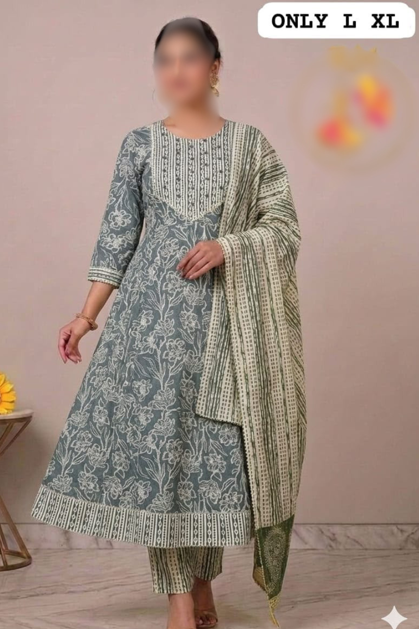 Pure Cotton Anarkali Kurti, Pant & Dupatta Set