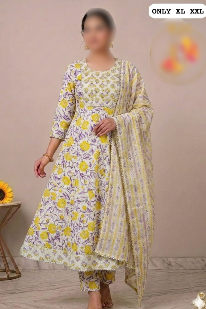 Pure Cotton Anarkali Kurti, Pant & Dupatta Set
