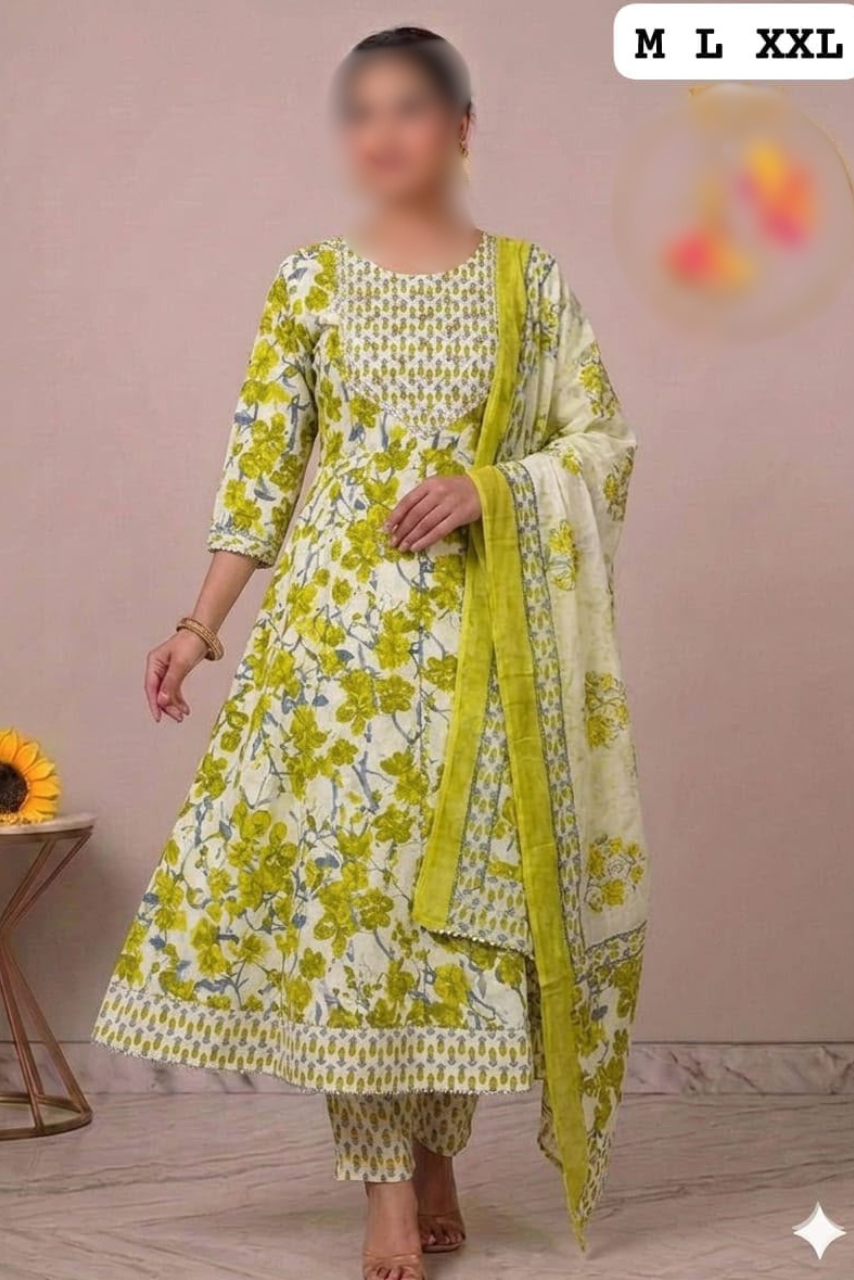 Pure Cotton Anarkali Kurti, Pant & Dupatta Set