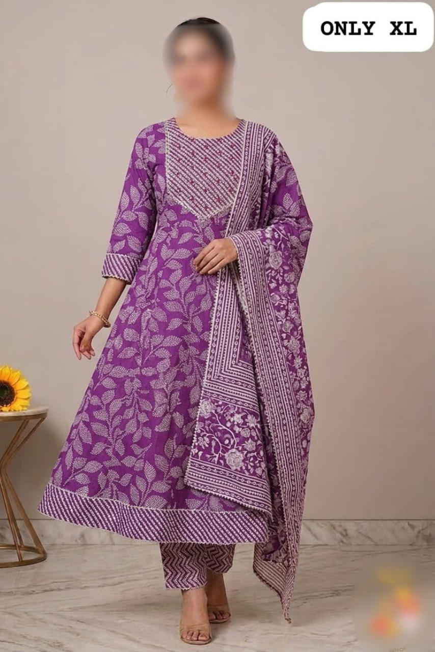 Pure Cotton Anarkali Kurti, Pant & Dupatta Set
