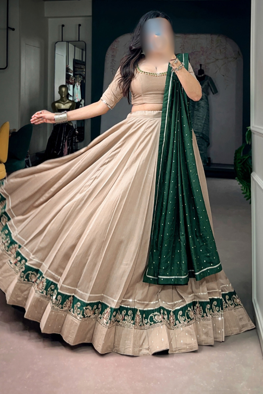 Chanderi Lehenga Set with Ghughri & Mirror Work