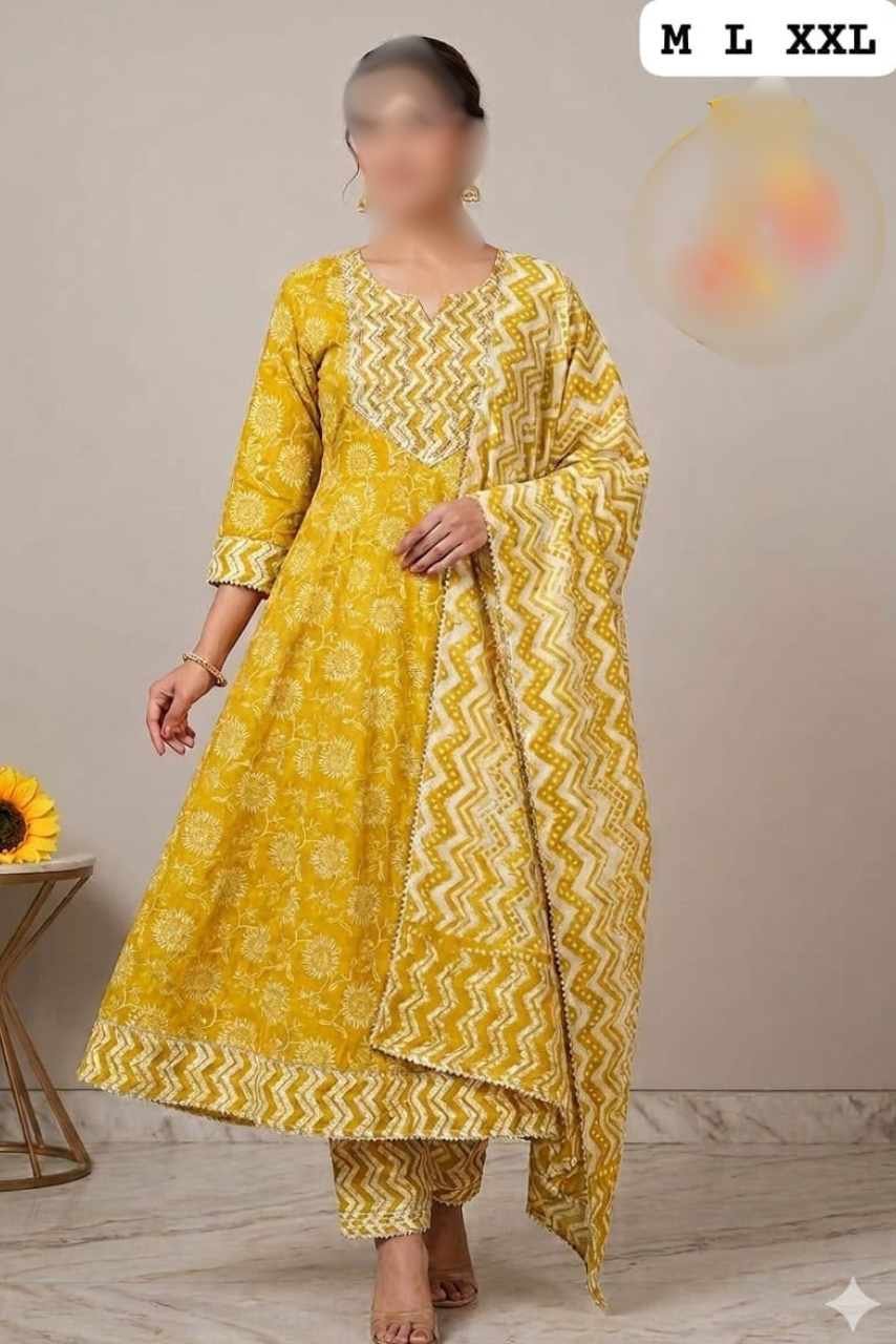 Pure Cotton Anarkali Kurti, Pant & Dupatta Set