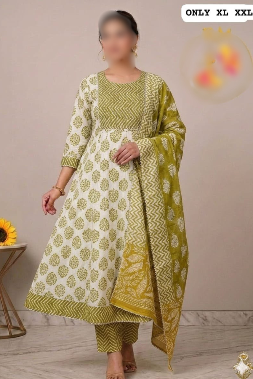Pure Cotton Anarkali Kurti, Pant & Dupatta Set