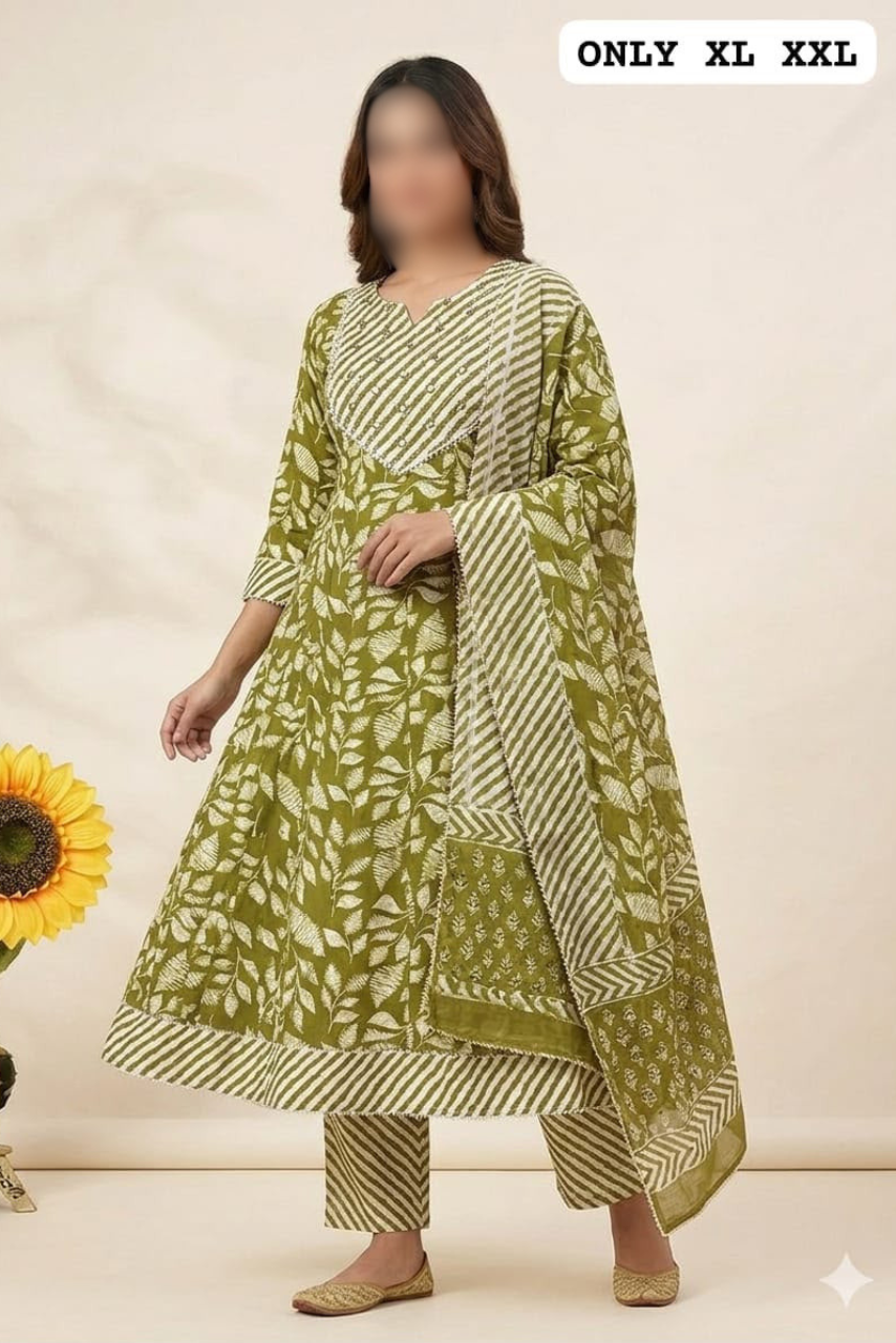 Pure Cotton Anarkali Kurti, Pant & Dupatta Set