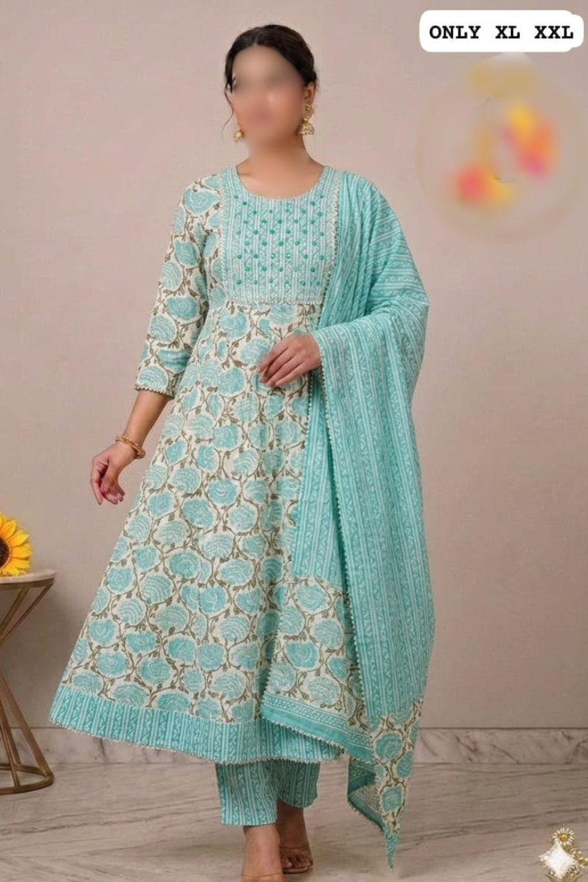 Pure Cotton Anarkali Kurti, Pant & Dupatta Set