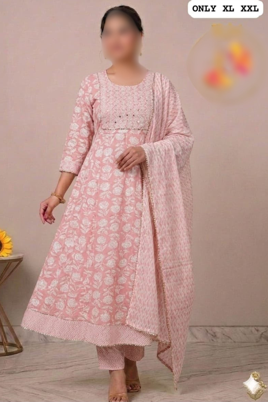 Pure Cotton Anarkali Kurti, Pant & Dupatta Set