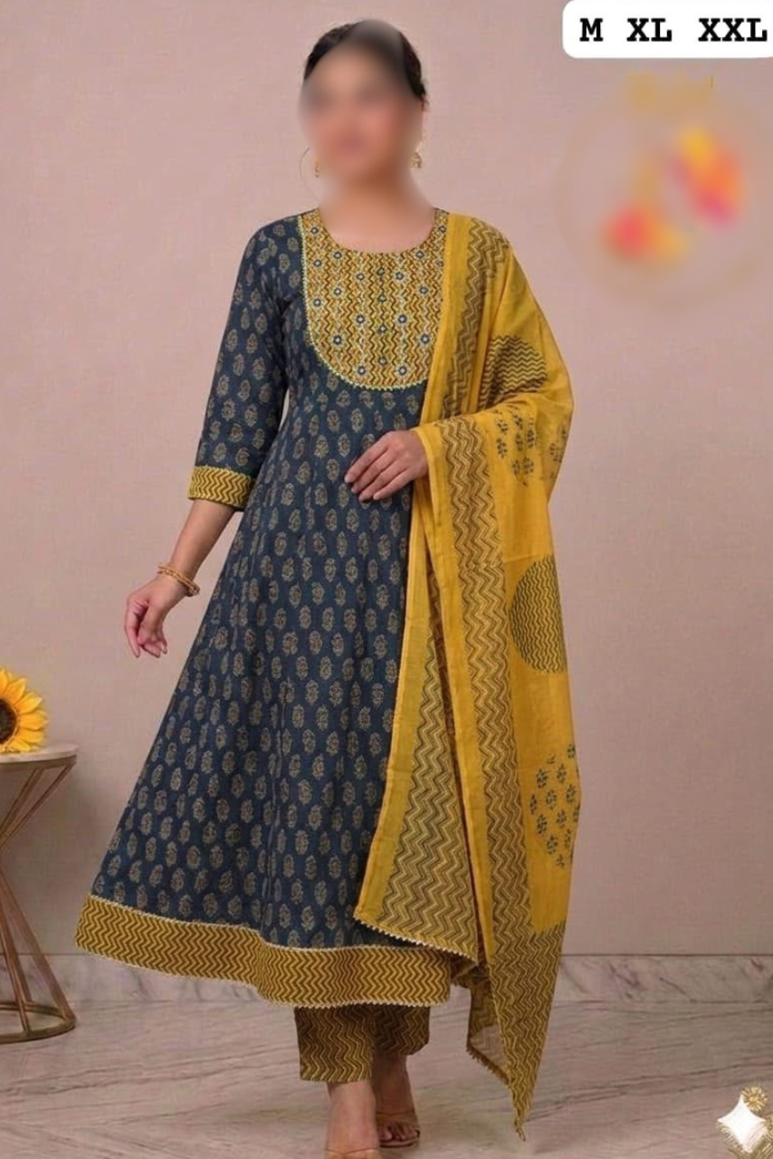Pure Cotton Anarkali Kurti, Pant & Dupatta Set