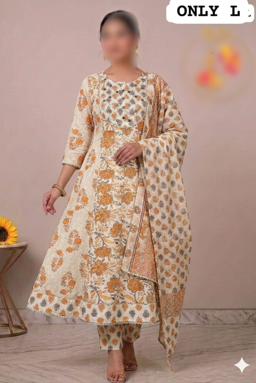 Pure Cotton Anarkali Kurti, Pant & Dupatta Set