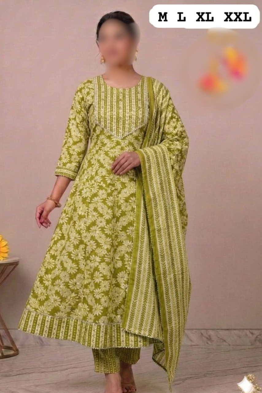 Pure Cotton Anarkali Kurti, Pant & Dupatta Set