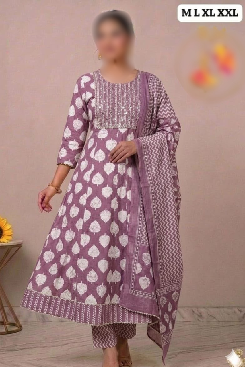 Pure Cotton Anarkali Kurti, Pant & Dupatta Set