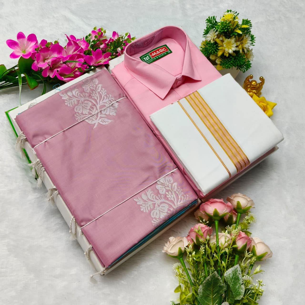 Aarani Soft Silk Sarees and Cotton Shirt with Silk Cotton Dothi Matching Set