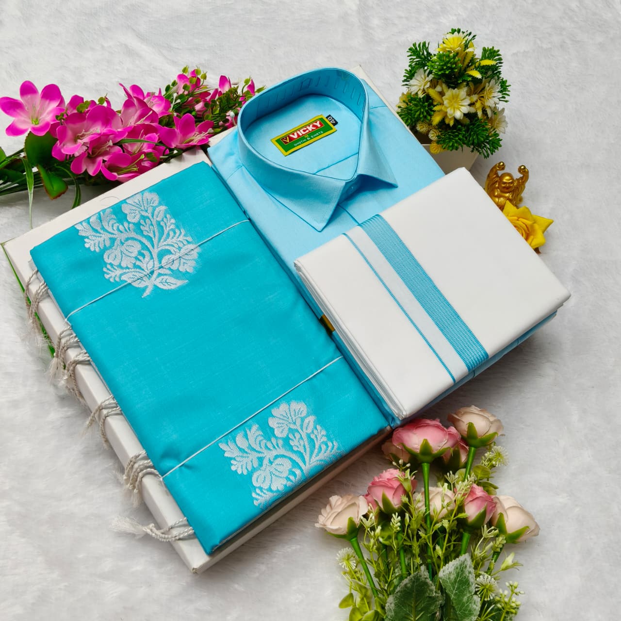 Aarani Soft Silk Sarees and Cotton Shirt with Silk Cotton Dothi Matching Set