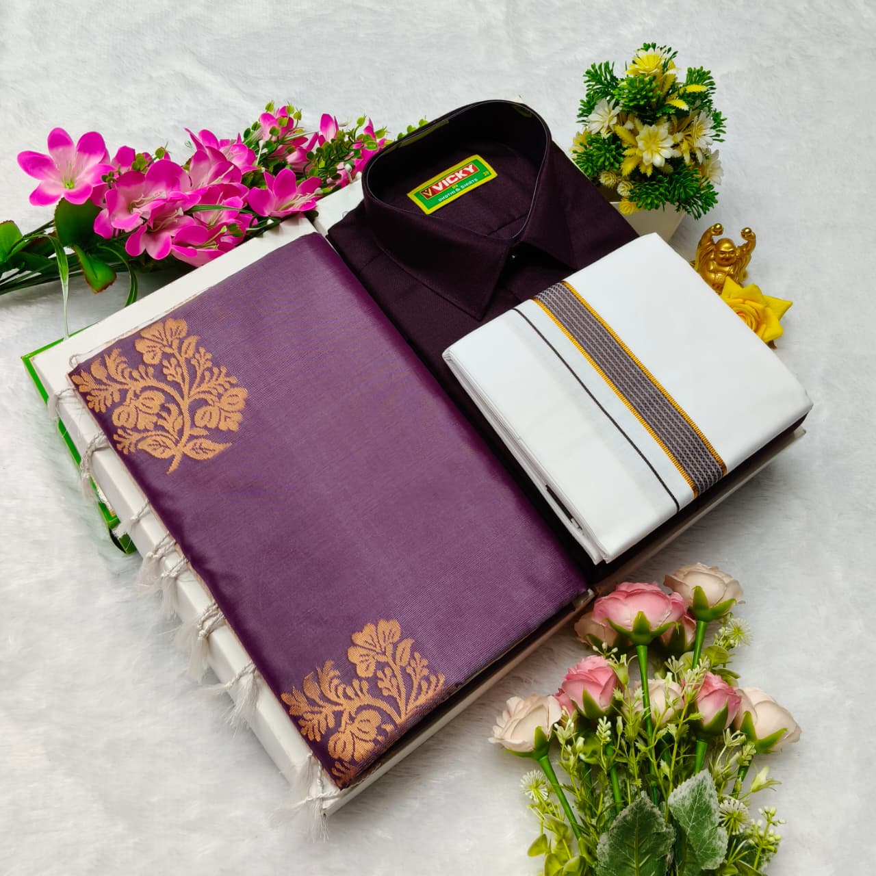 Aarani Soft Silk Sarees and Cotton Shirt with Silk Cotton Dothi Matching Set
