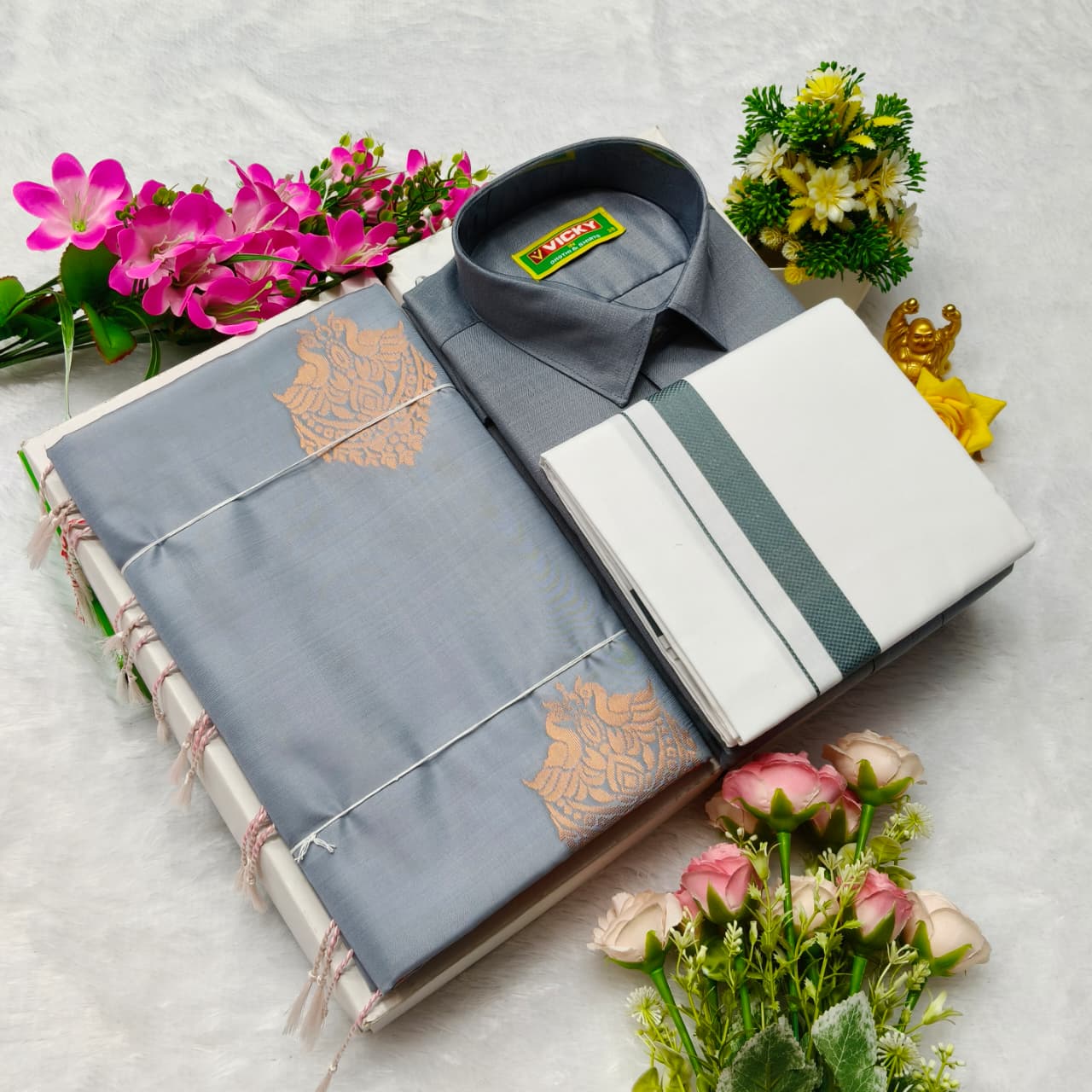 Aarani Soft Silk Sarees and Cotton Shirt with Silk Cotton Dothi Matching Set