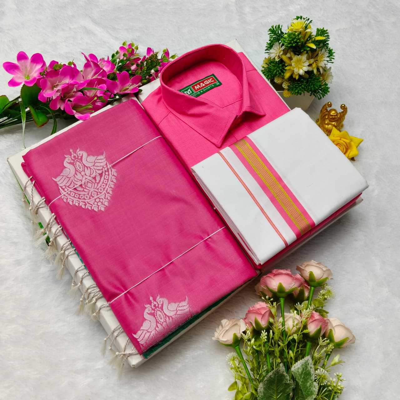 Aarani Soft Silk Sarees and Cotton Shirt with Silk Cotton Dothi Matching Set