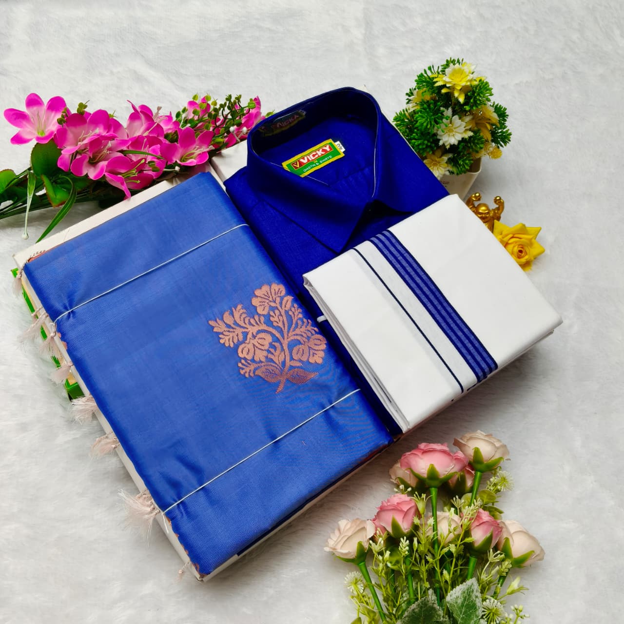 Aarani Soft Silk Sarees and Cotton Shirt with Silk Cotton Dothi Matching Set
