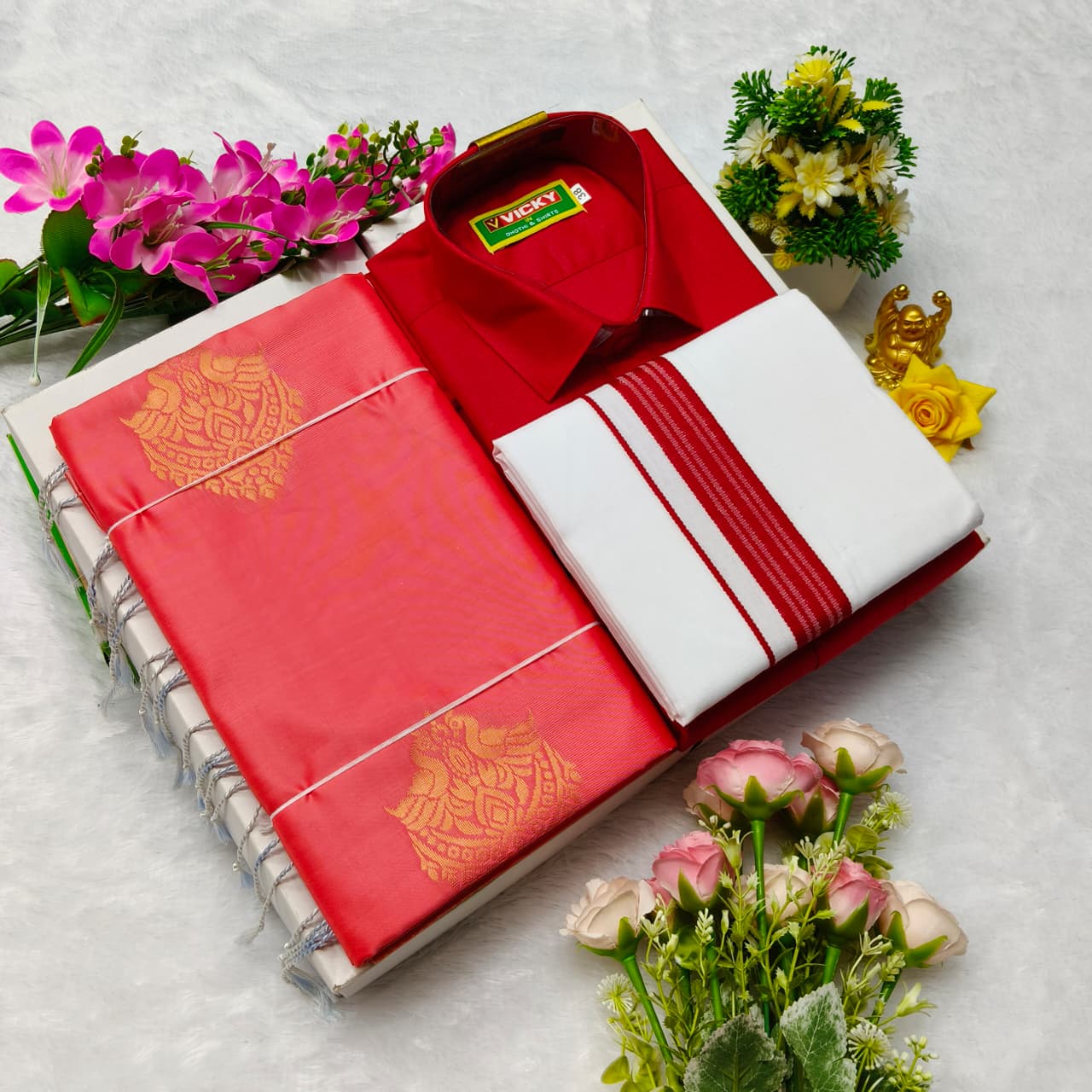 Aarani Soft Silk Sarees and Cotton Shirt with Silk Cotton Dothi Matching Set