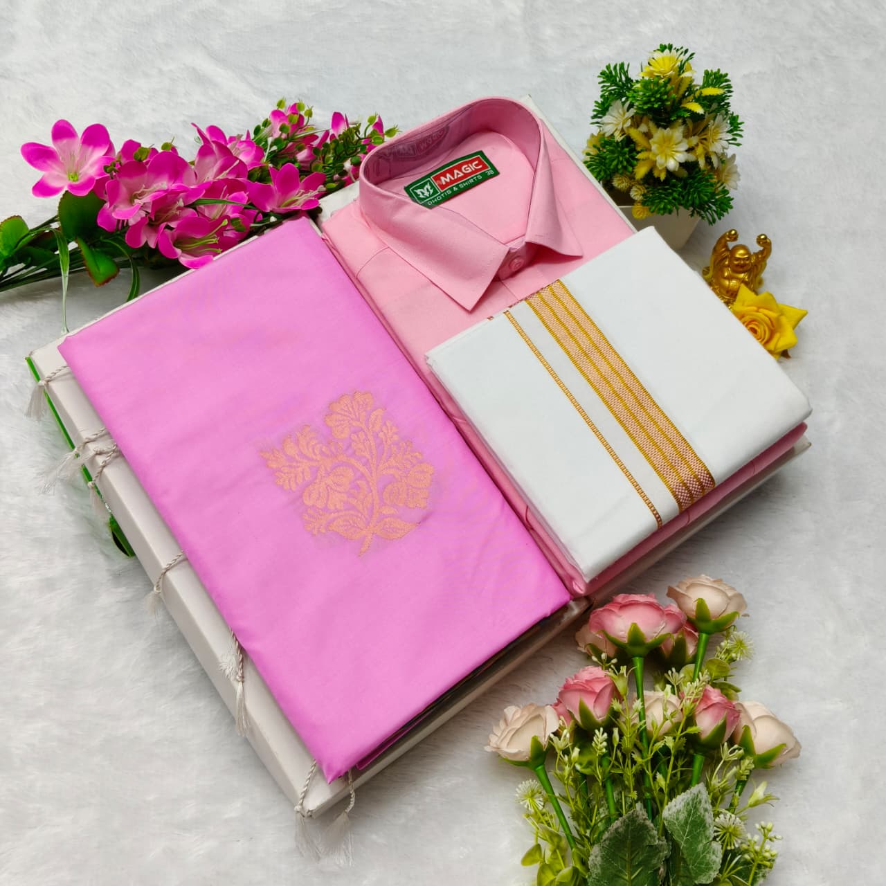 Aarani Soft Silk Sarees and Cotton Shirt with Silk Cotton Dothi Matching Set