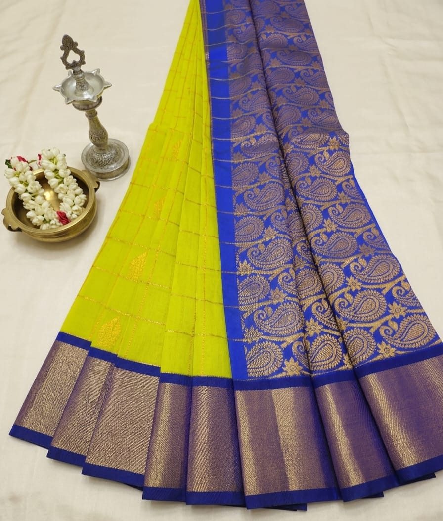 Elegant Handloom Soft Cotton Korvai Checked Saree 🪇