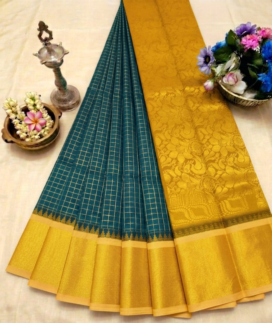 Elegant Handloom Soft Cotton Korvai Checked Saree 🪇