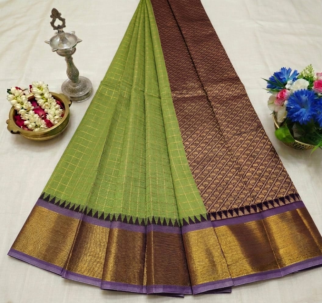 Elegant Handloom Soft Cotton Korvai Checked Saree 🪇