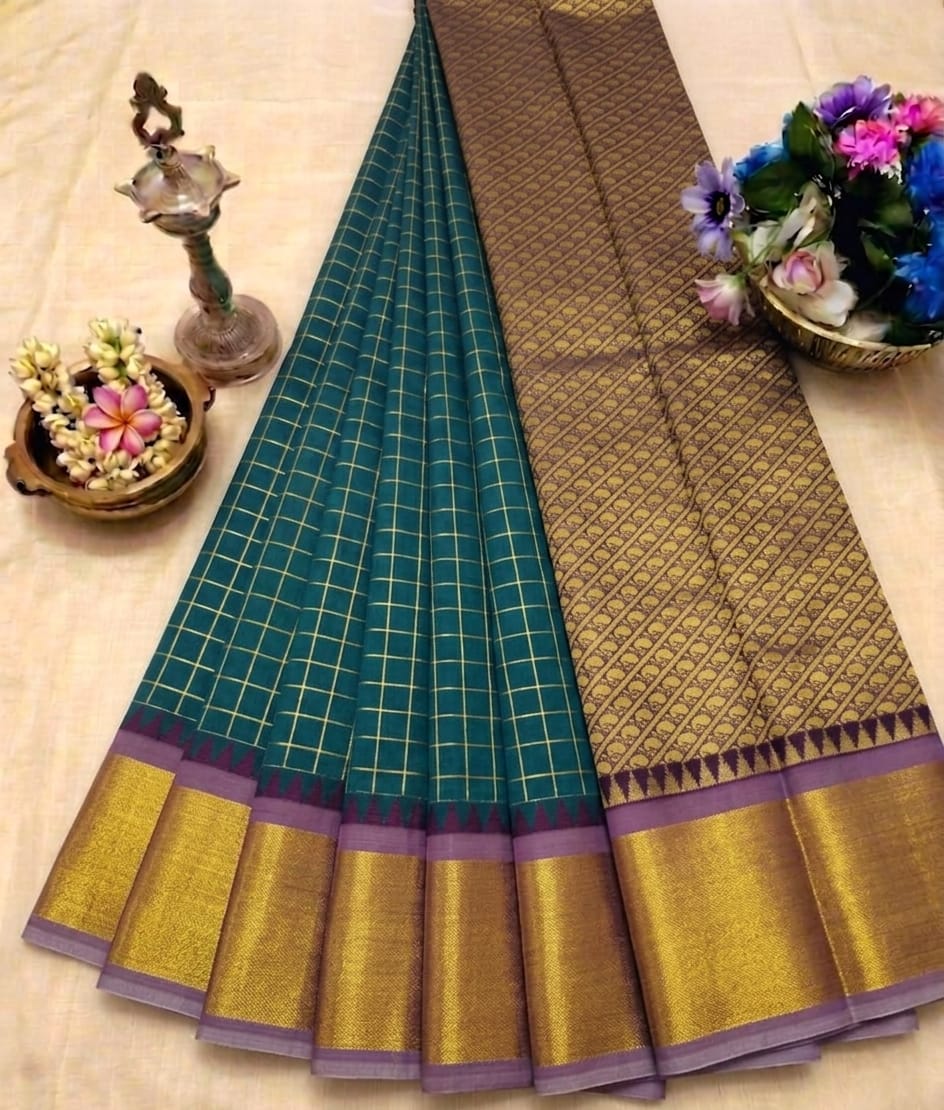 Elegant Handloom Soft Cotton Korvai Checked Saree 🪇