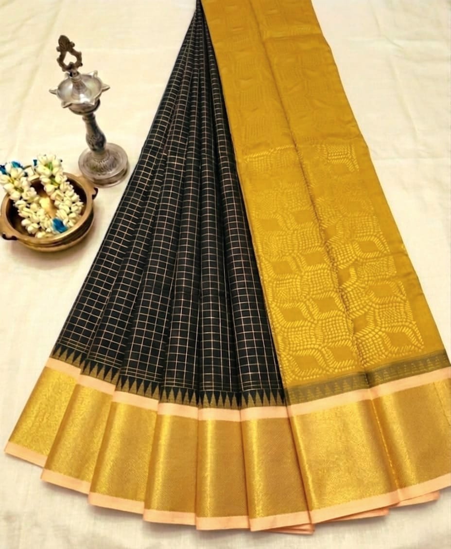 Elegant Handloom Soft Cotton Korvai Checked Saree 🪇