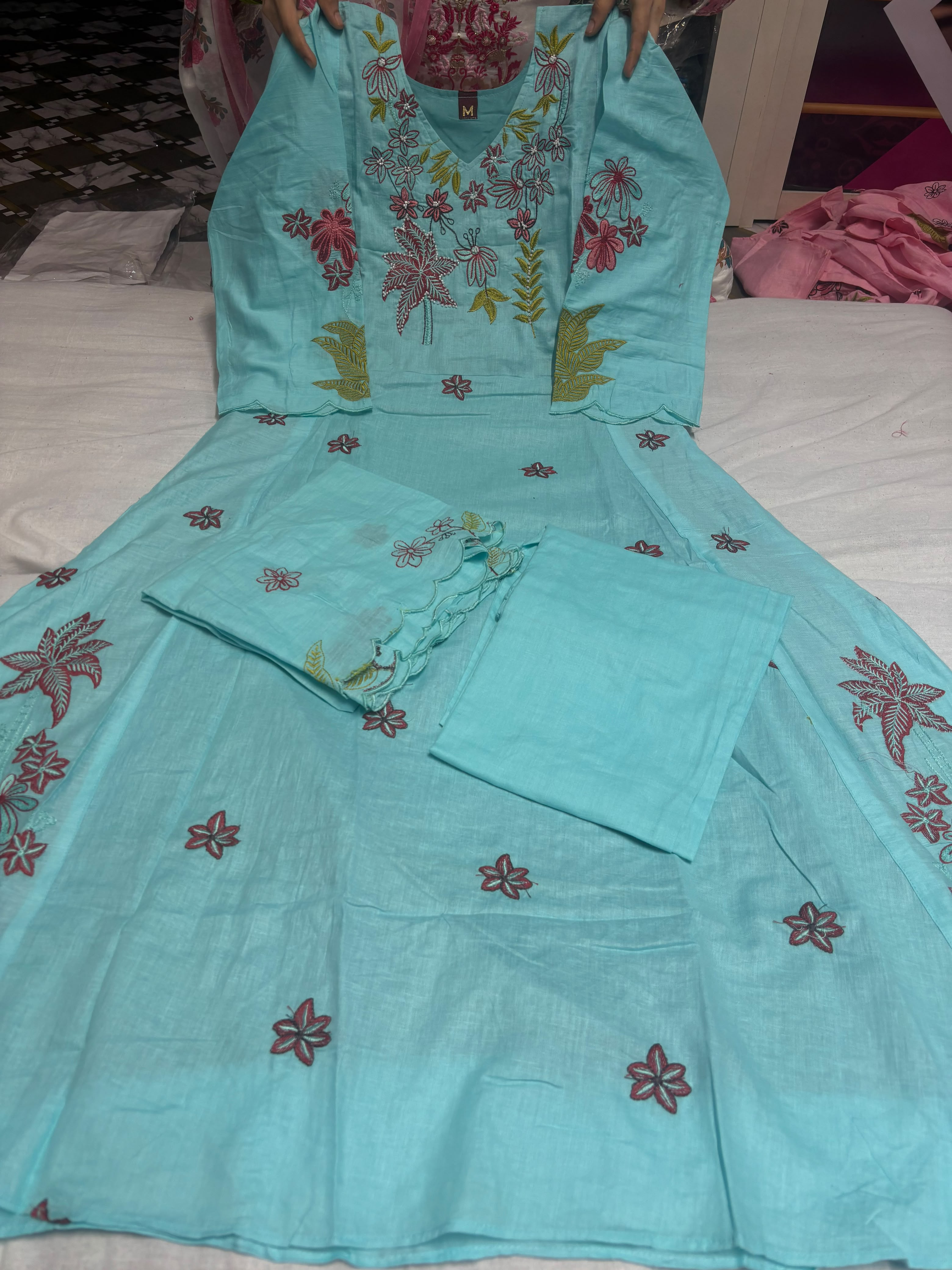 Embroidered Gown, Pant & Dupatta Set