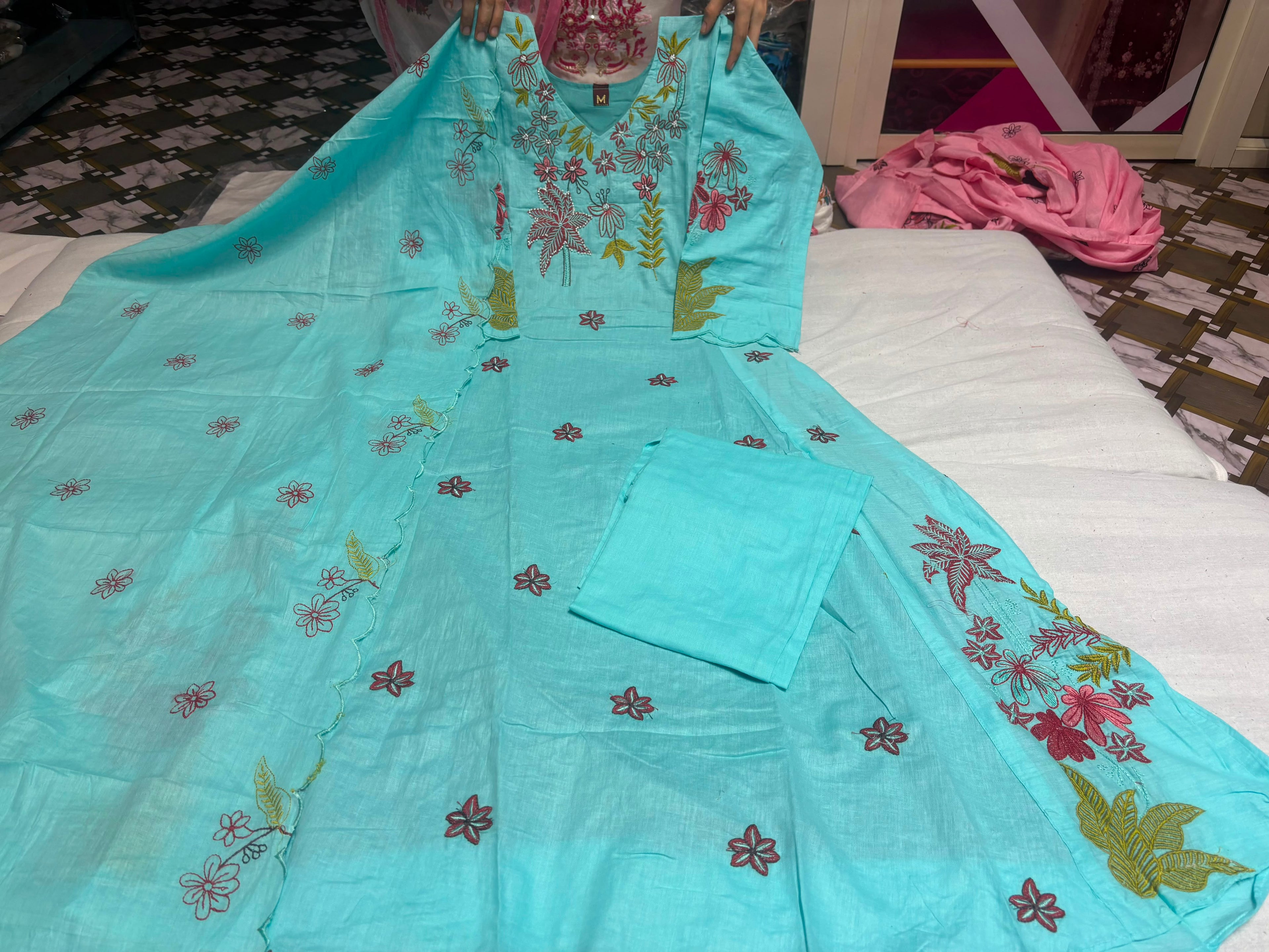 Embroidered Gown, Pant & Dupatta Set
