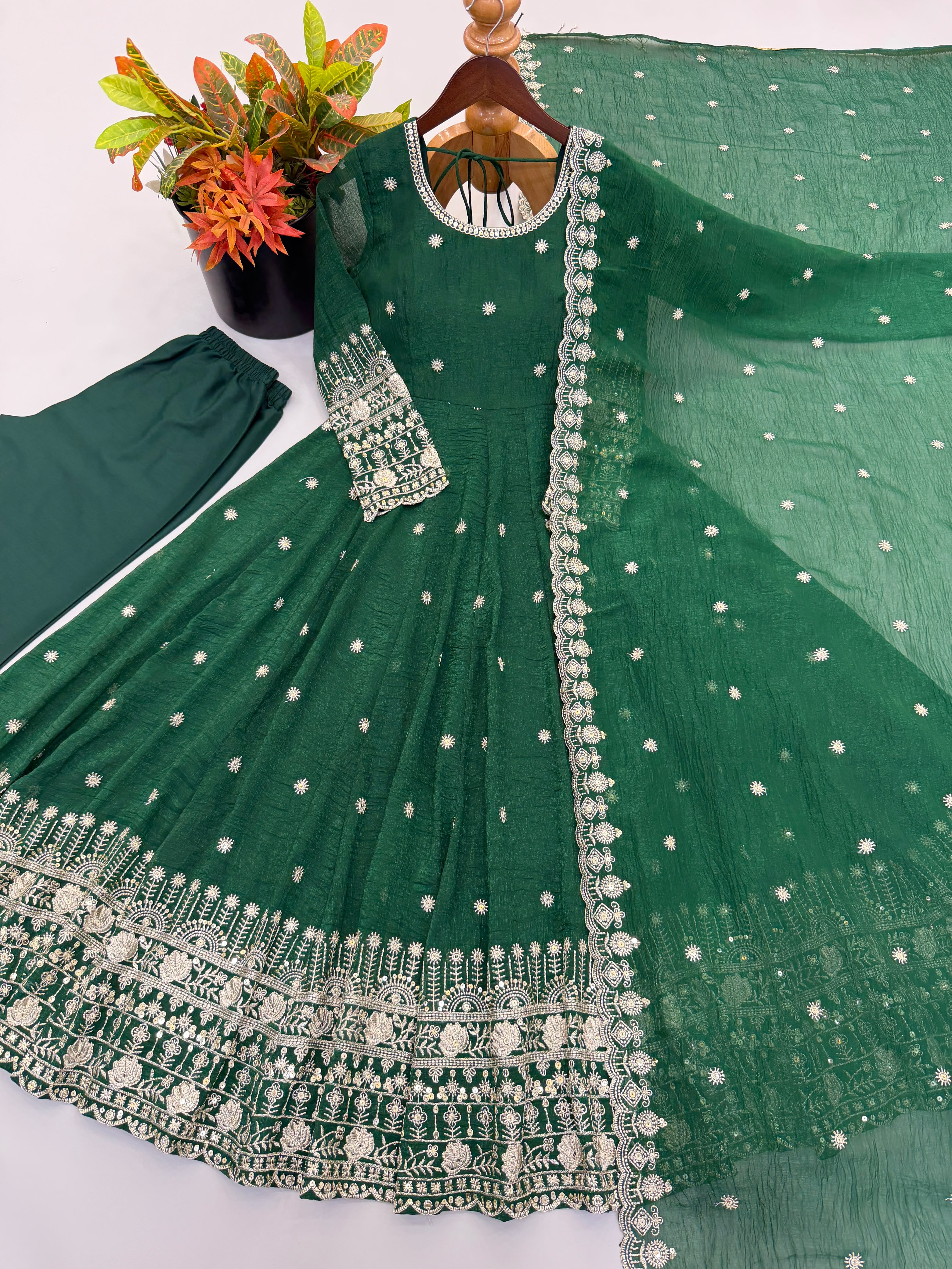 Ethnic Gown, Pant and Dupatta Set