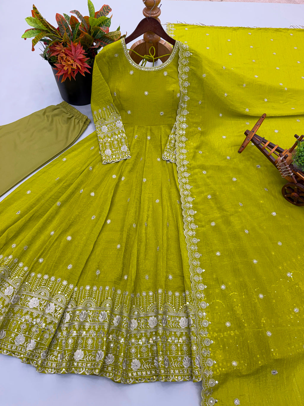 Ethnic Gown, Pant and Dupatta Set