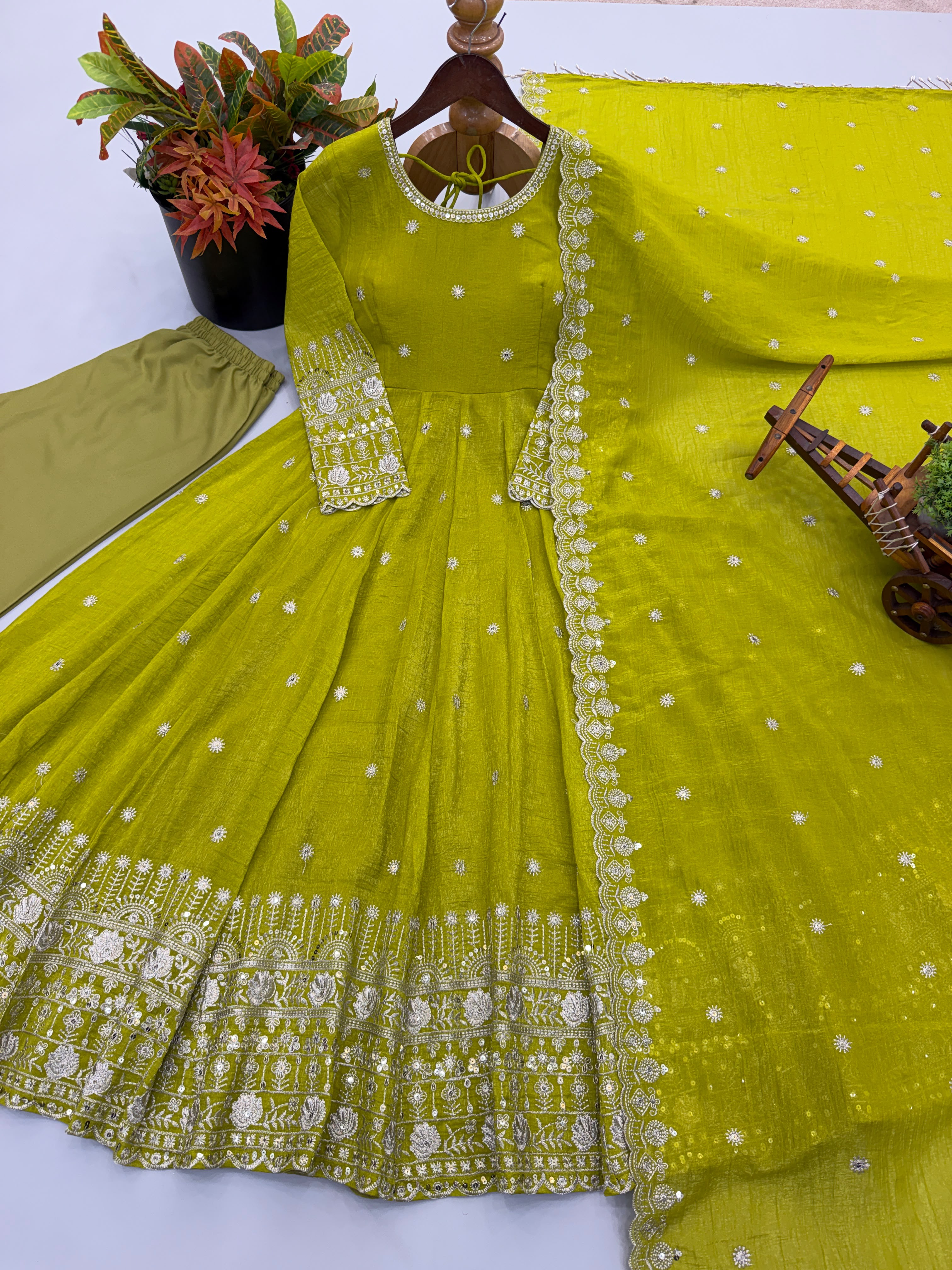 Ethnic Gown, Pant and Dupatta Set