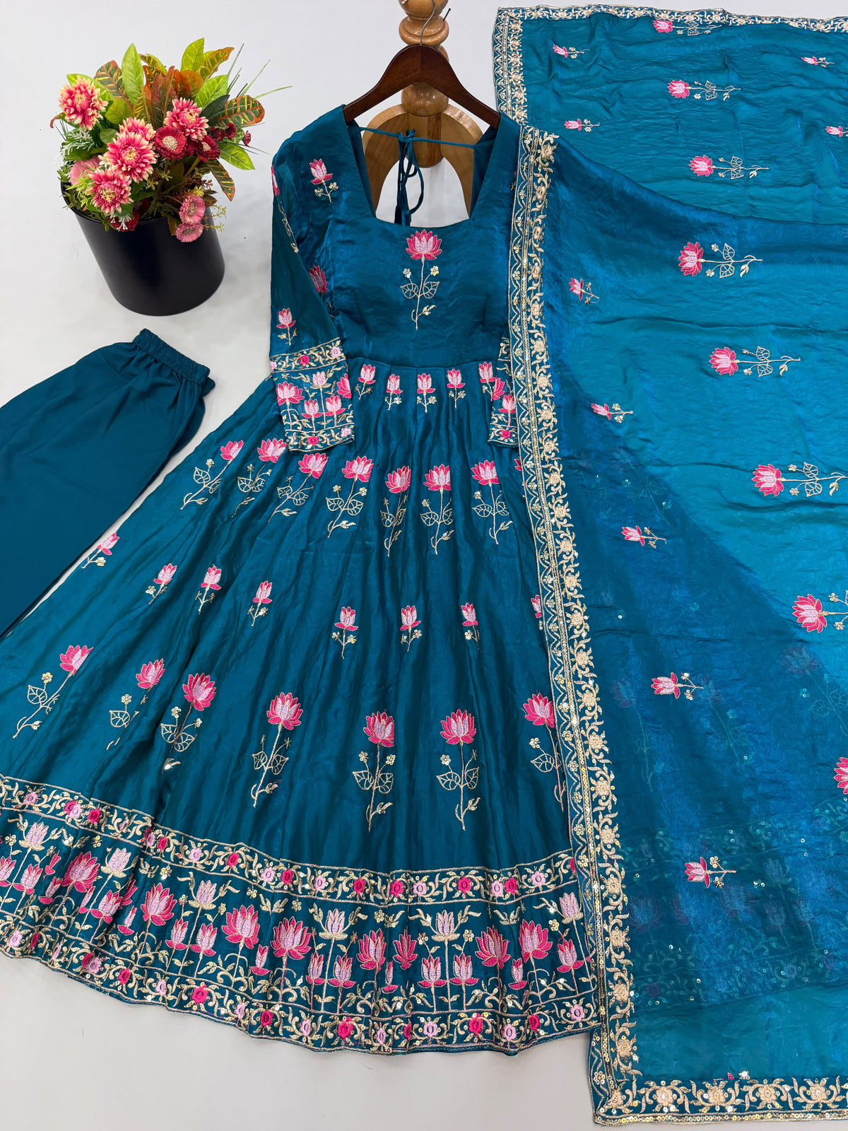Fendy Silk Embroidered Gown with Dupatta