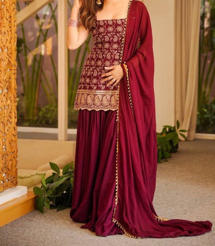Georgette Designer Top, Palazzo Sharara & Dupatta Set