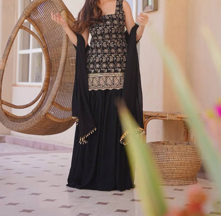 Georgette Designer Top, Palazzo Sharara & Dupatta Set