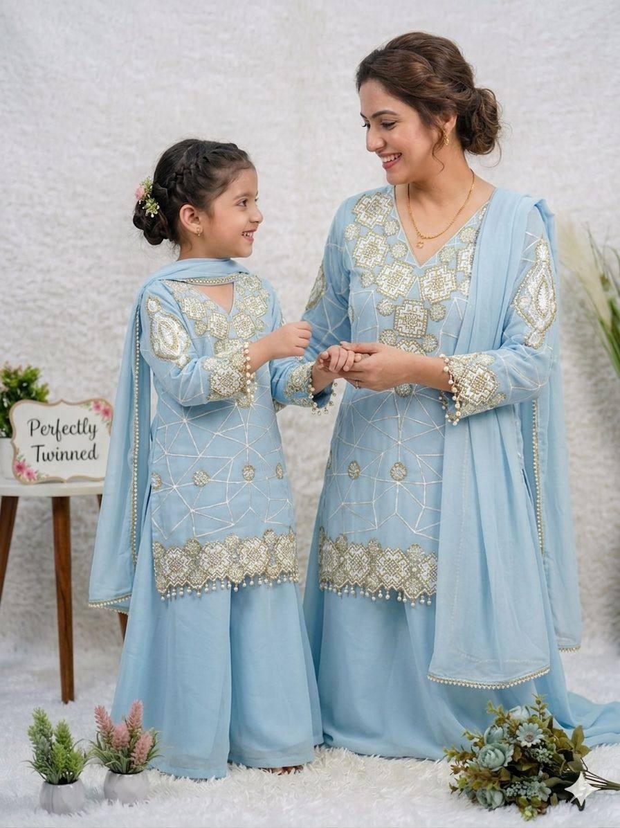 Premium Georgette Embroidered Palazzo Set - For Kids