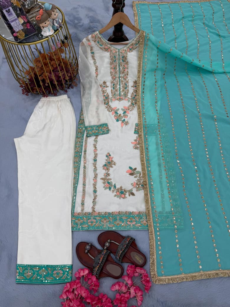 Designer Party Wear Top, Palazzo & Dupatta Set