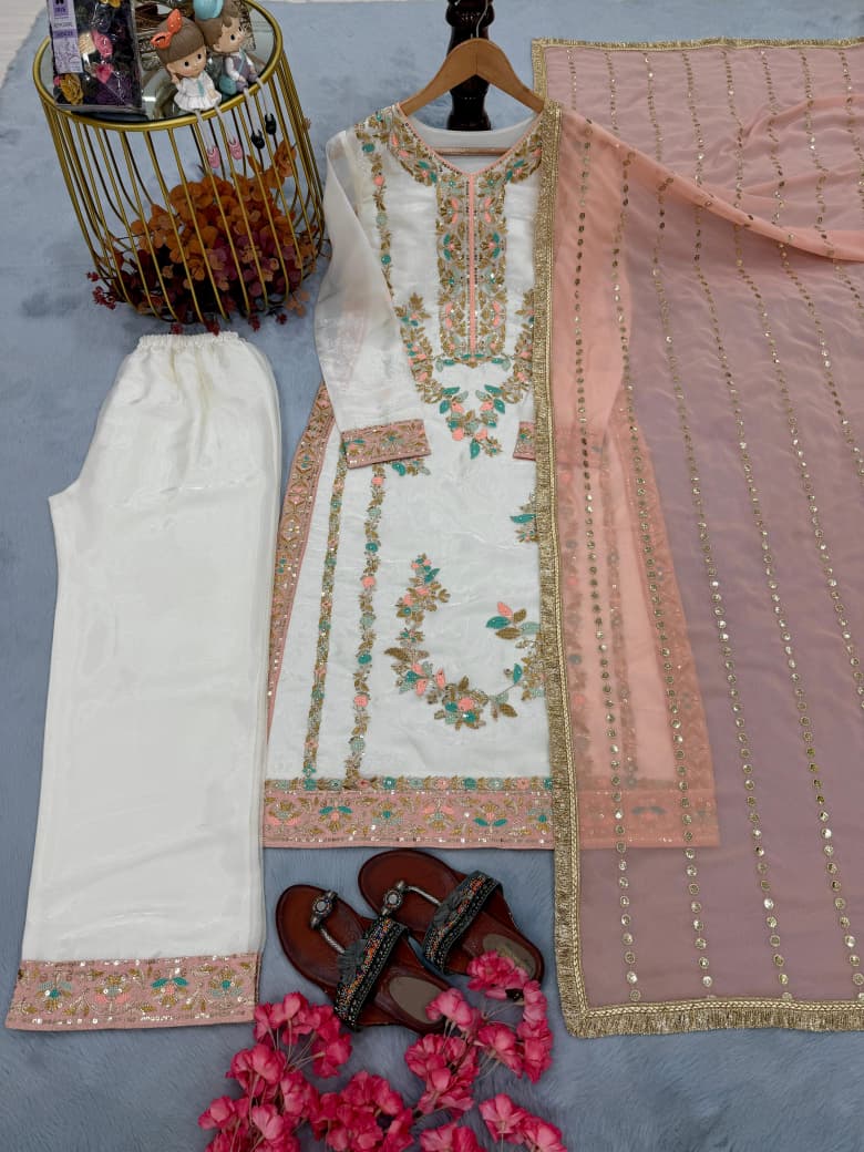 Designer Party Wear Top, Palazzo & Dupatta Set