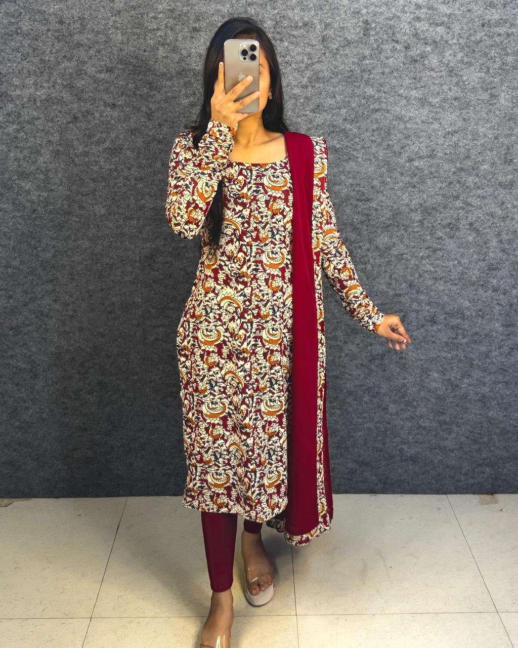 Kalamkari Printed Kurti Set with Dupatta