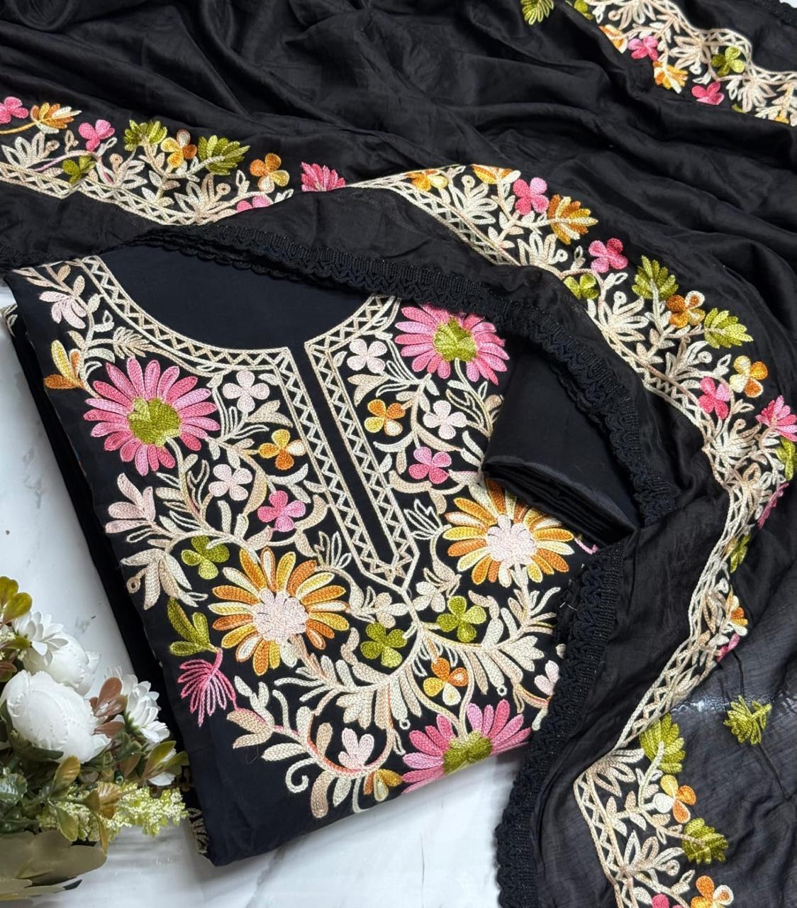 Roman Silk Kashmiri Neck Kurti Set with Dupatta