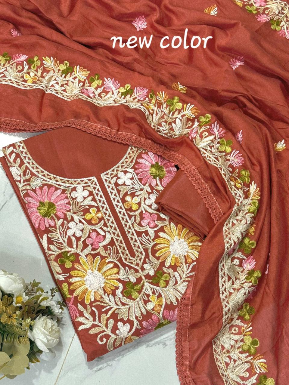 Roman Silk Kashmiri Neck Kurti Set with Dupatta