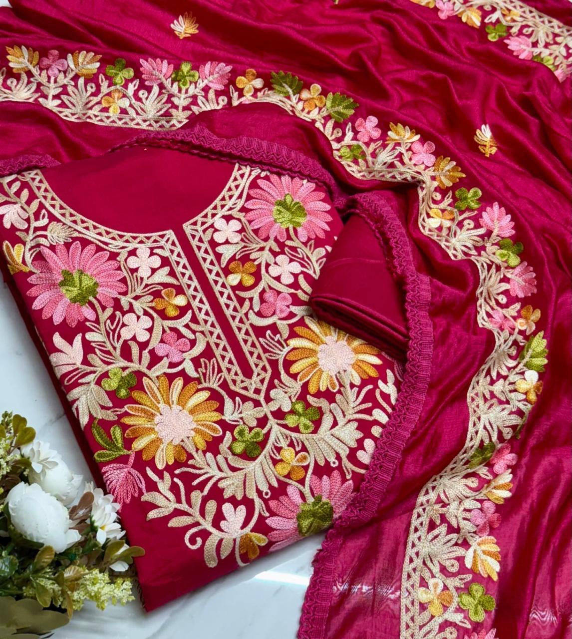 Roman Silk Kashmiri Neck Kurti Set with Dupatta