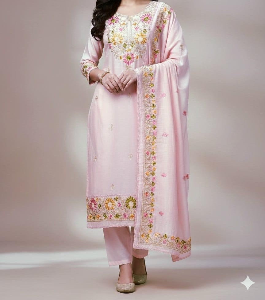 Roman Silk Kashmiri Neck Kurti Set with Dupatta