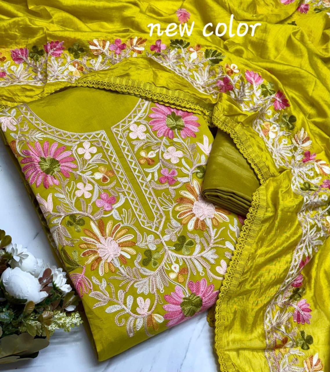 Roman Silk Kashmiri Neck Kurti Set with Dupatta