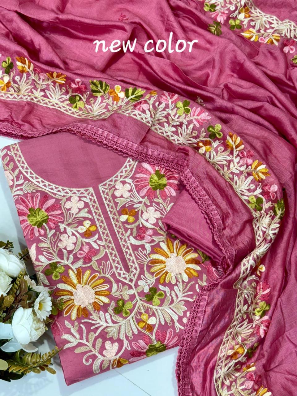 Roman Silk Kashmiri Neck Kurti Set with Dupatta