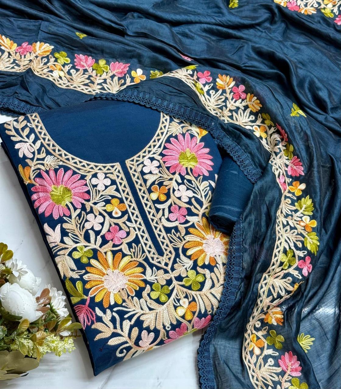 Roman Silk Kashmiri Neck Kurti Set with Dupatta