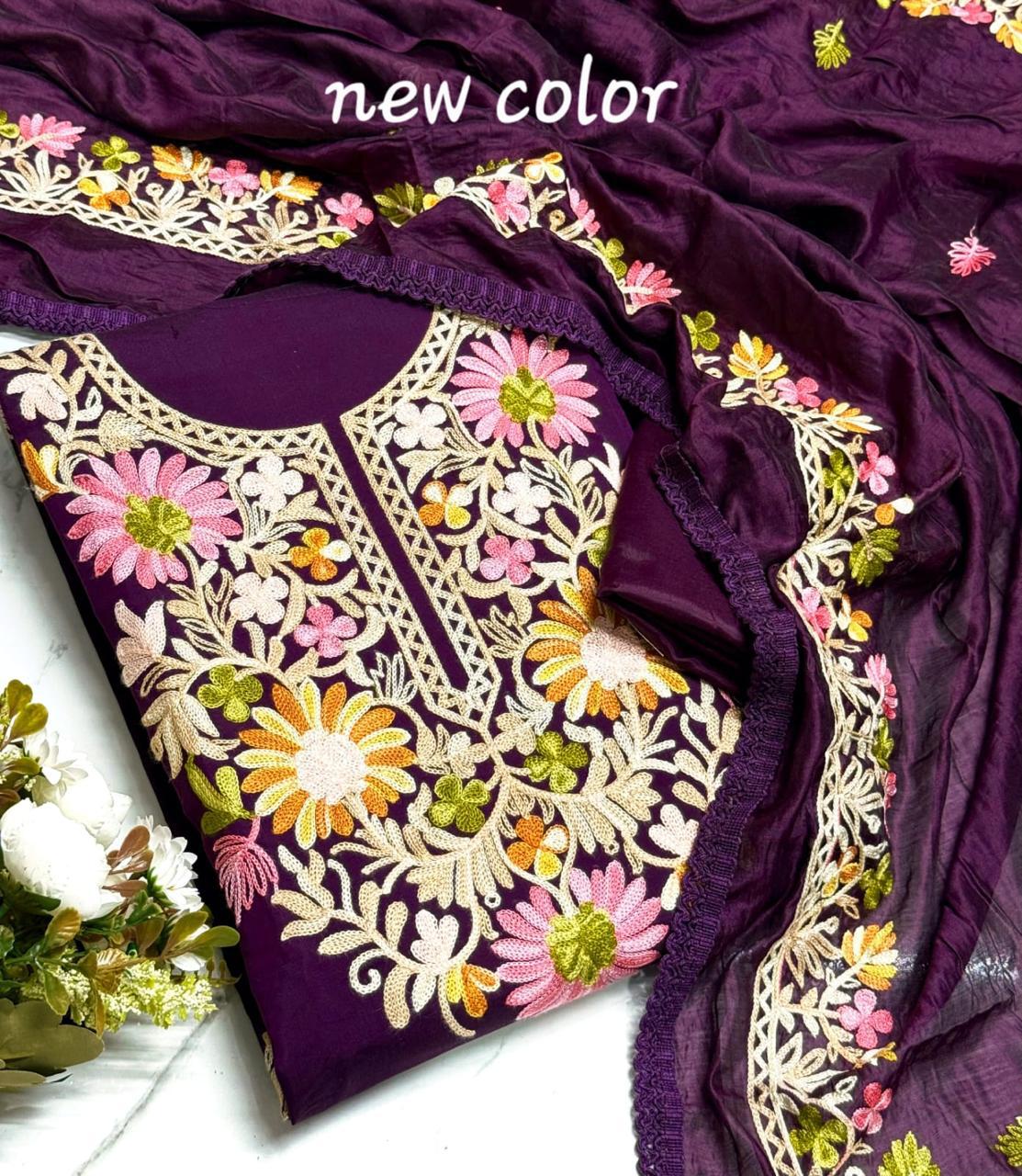 Roman Silk Kashmiri Neck Kurti Set with Dupatta