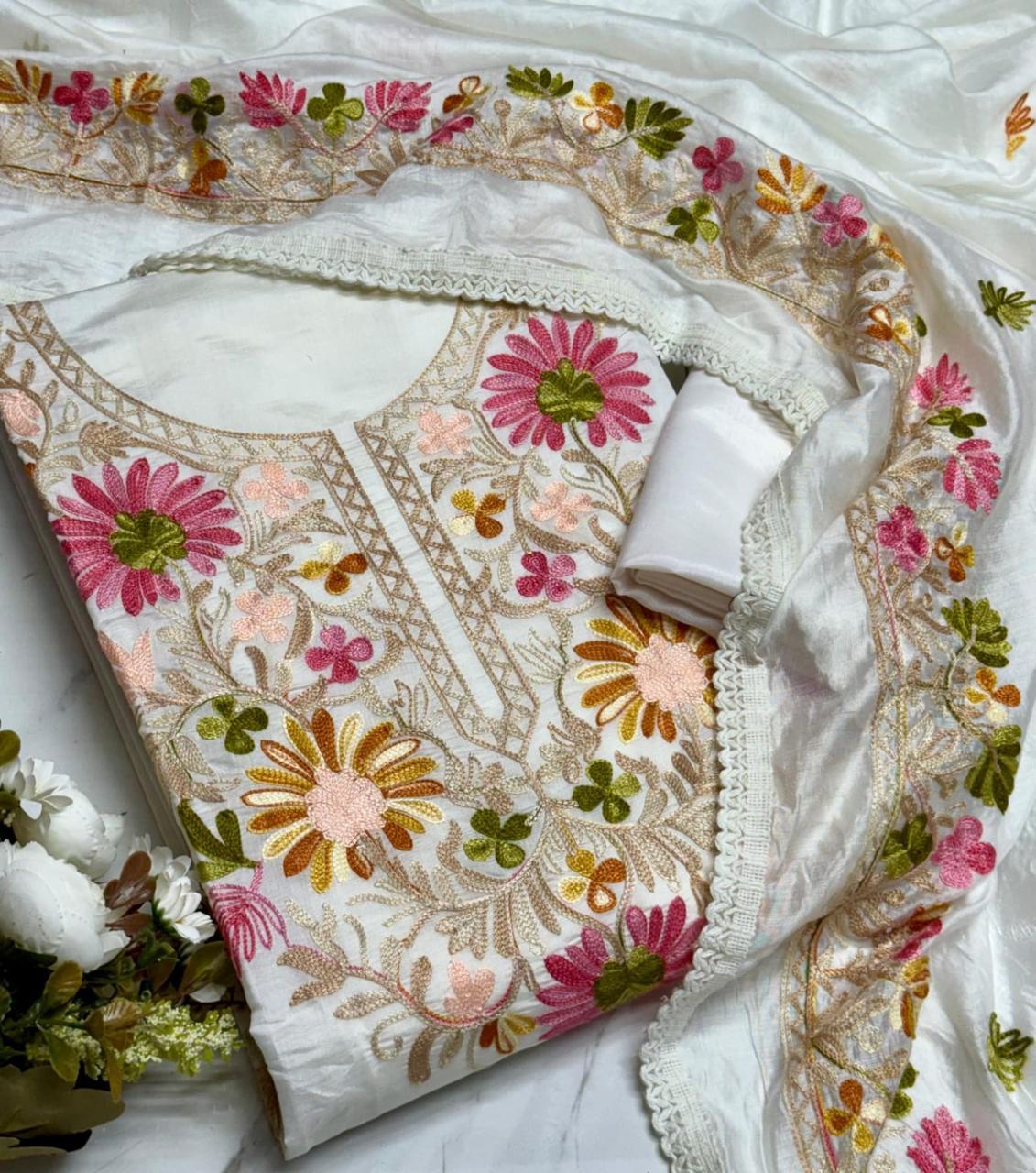 Roman Silk Kashmiri Neck Kurti Set with Dupatta