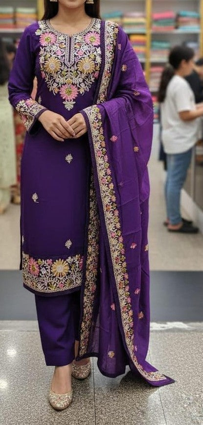Roman Silk Kashmiri Neck Kurti Set with Dupatta