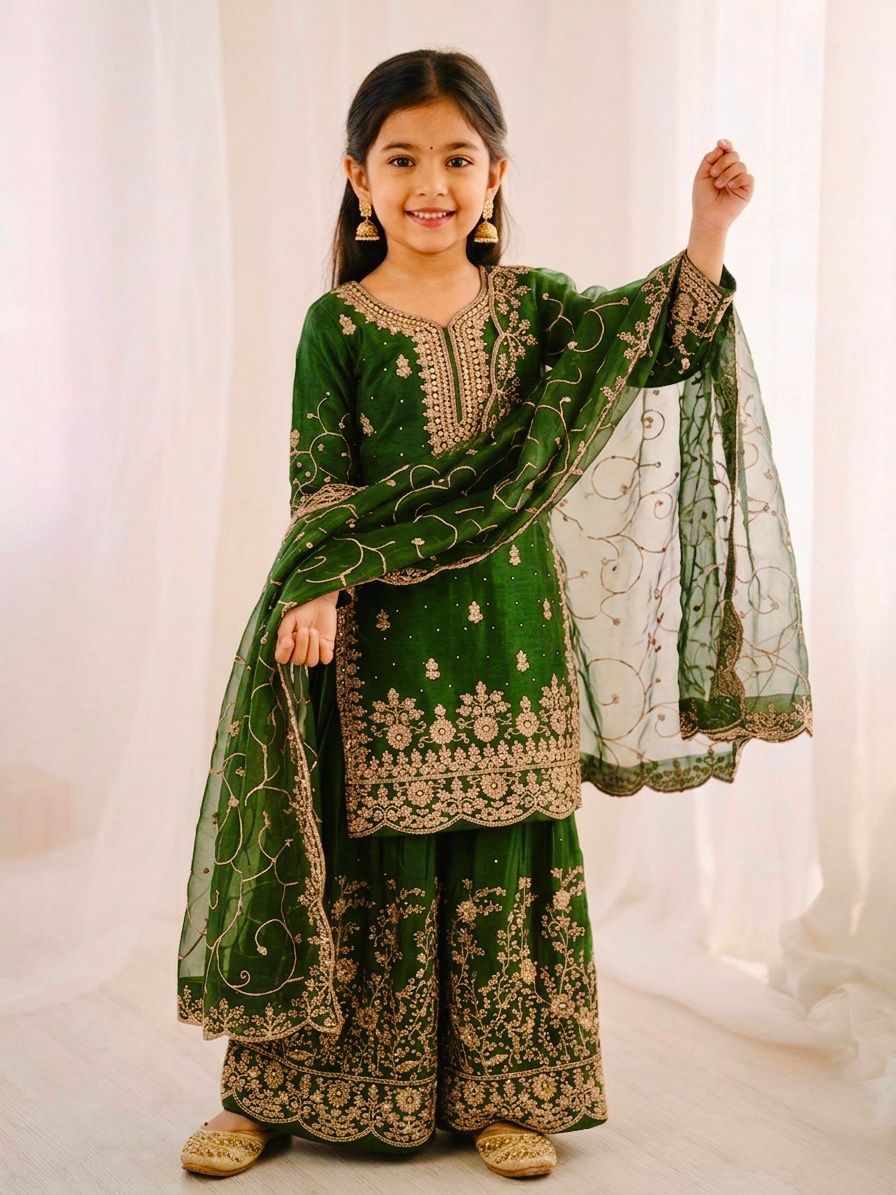 Premium GMY Silk Kurti, Palazzo & Dupatta Set - For Kids